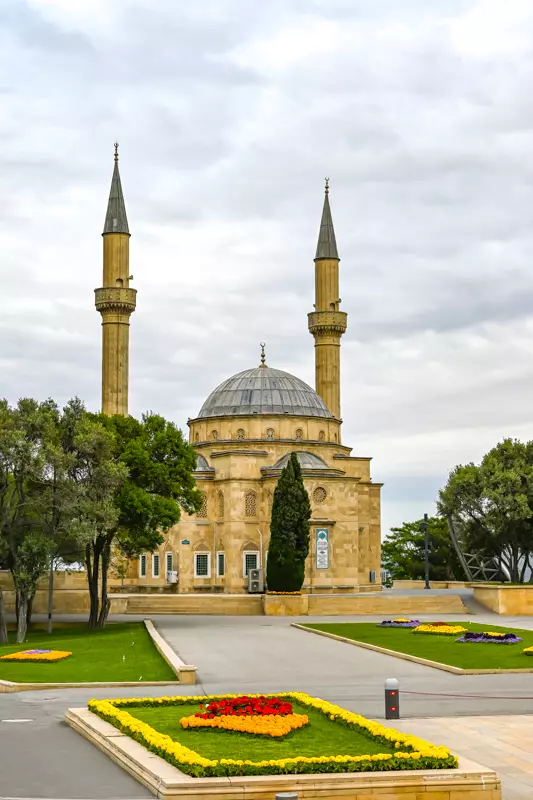baku mosque close flame tower