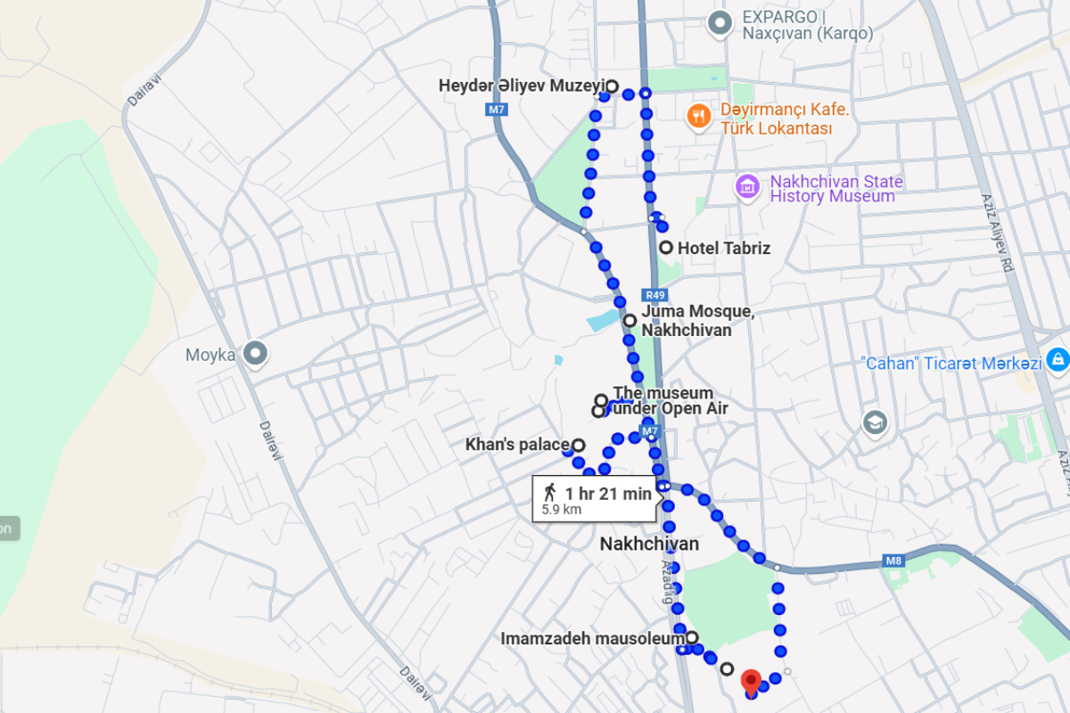 Walking map of the city of Nakhchivan showing key landmarks and routes for visitors.
