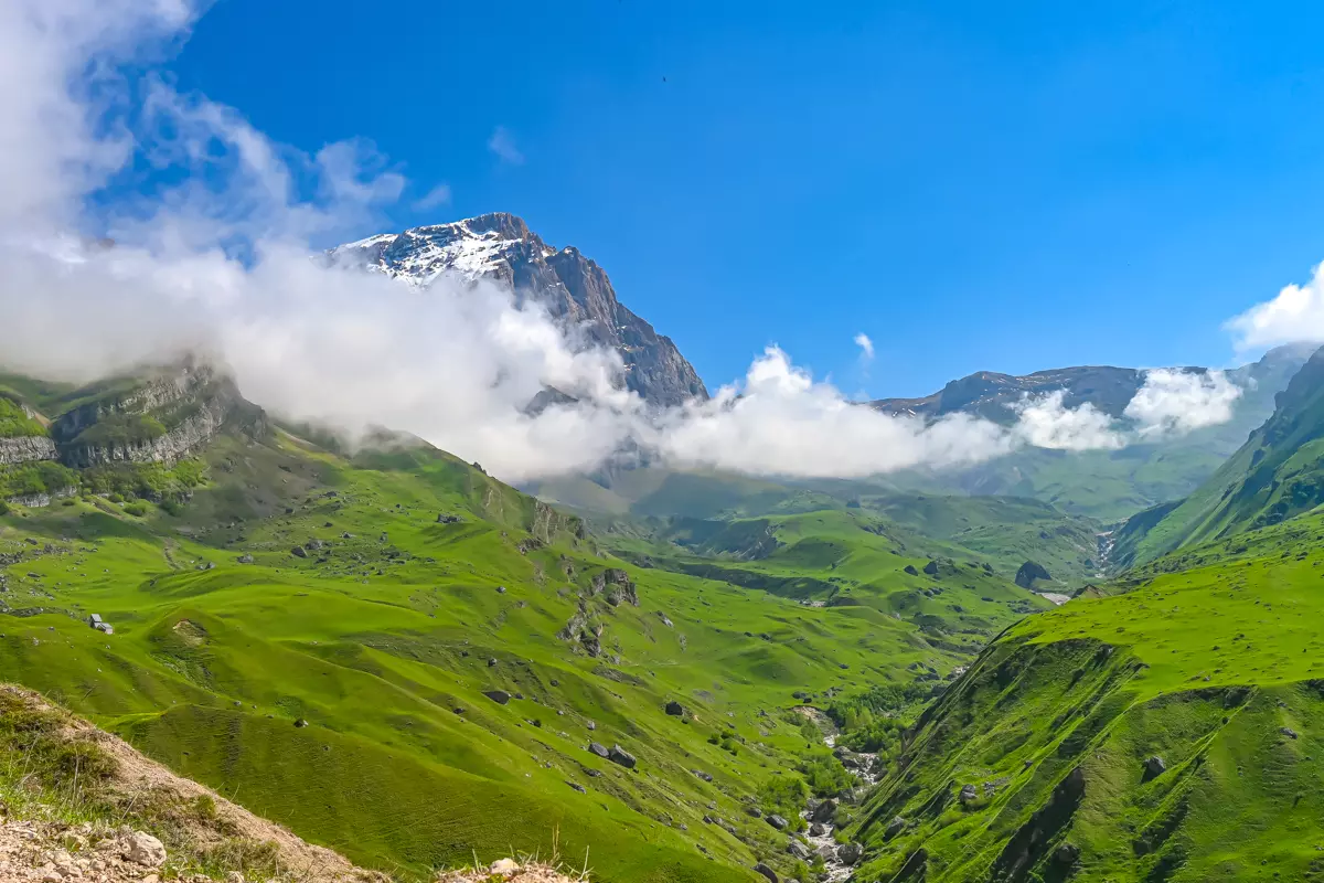 Scenic mountain view near Laza village in Azerbaijan in late spring.