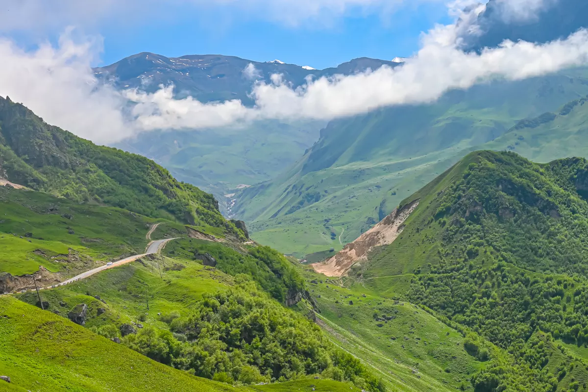 Mountain pass road heading toward Laza, Azerbaijan