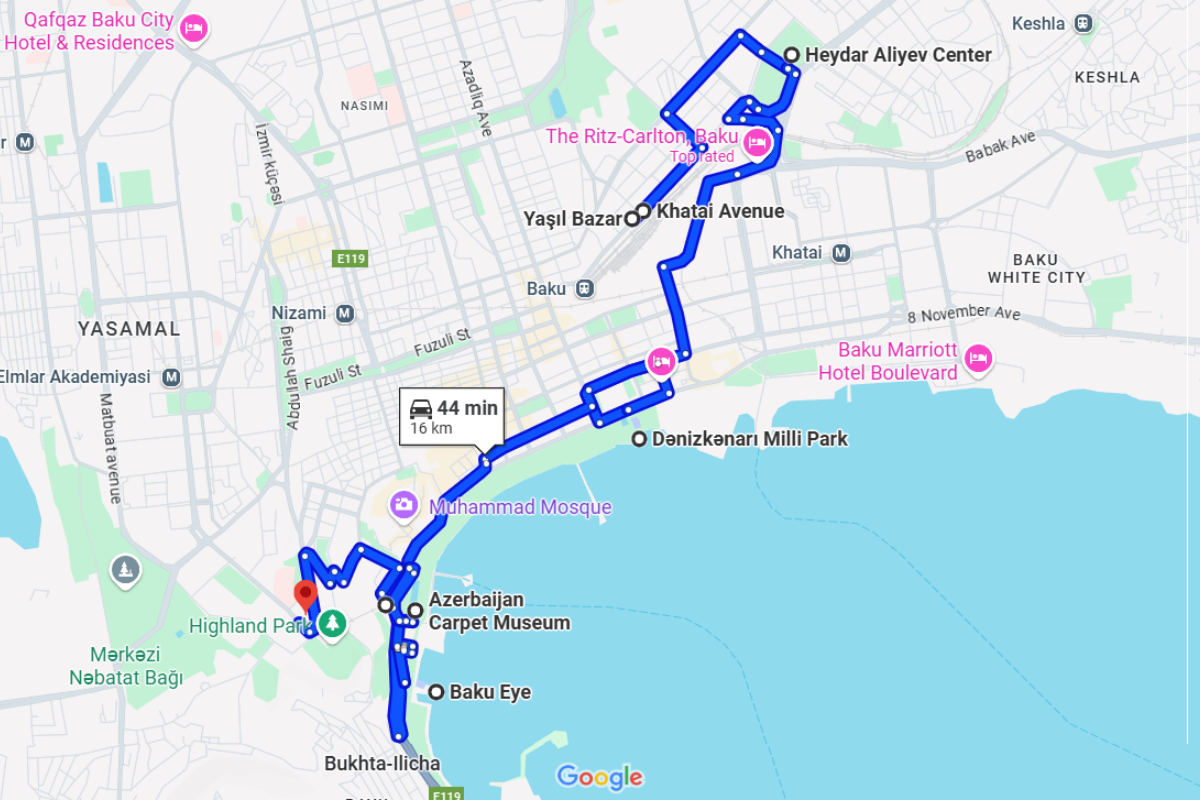 Baku first day itinerary on Google Maps