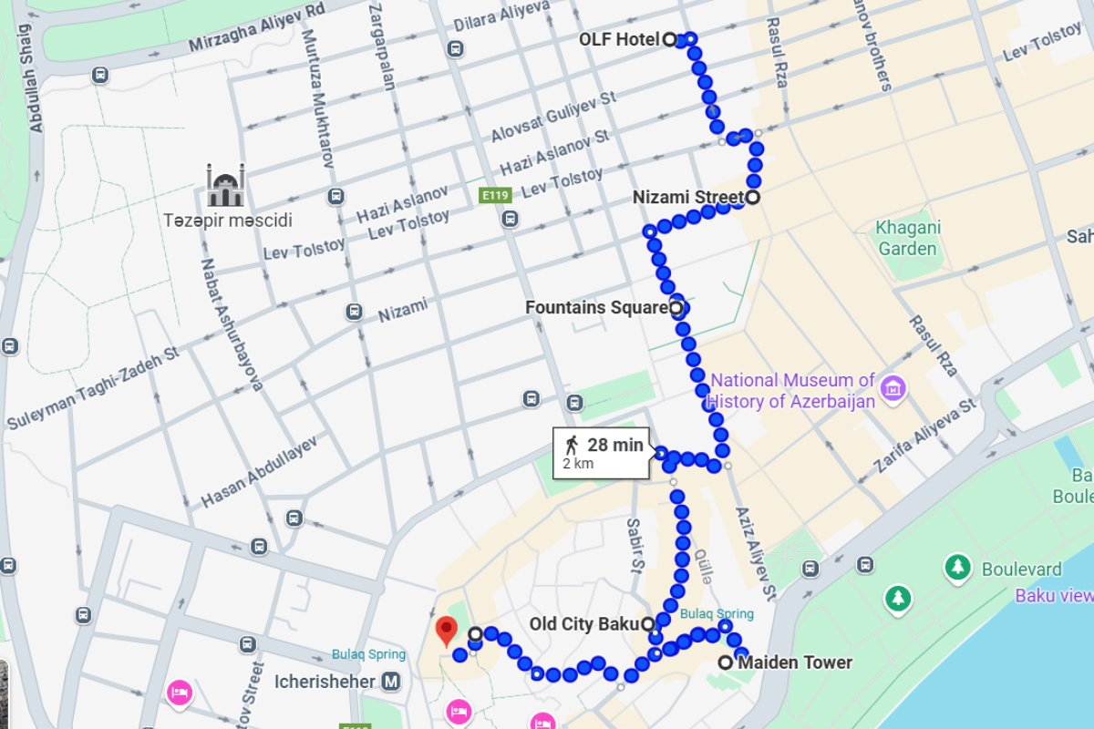 Baku second day itinerary on Google Maps