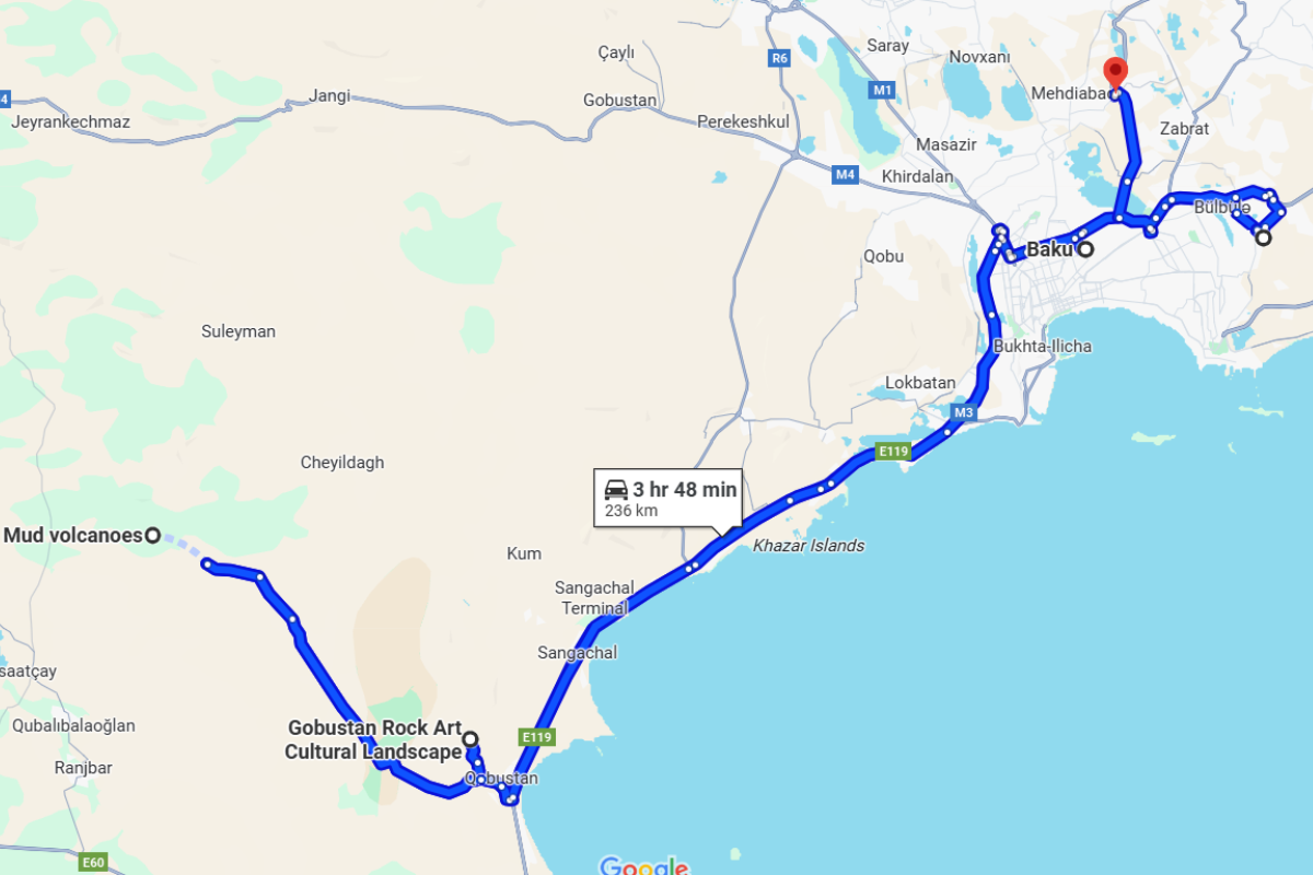 Baku third day itinerary on Google Maps