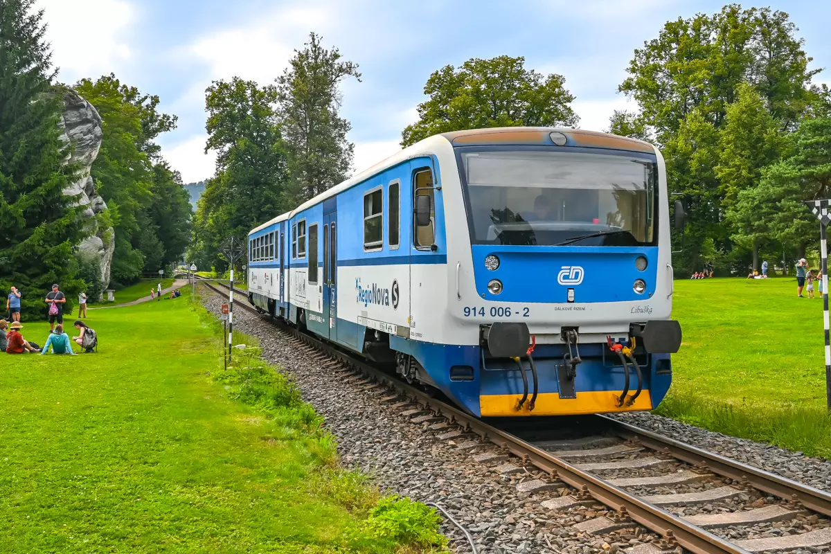 Tourist train arriving at Adrspach railway station in Czech Republic