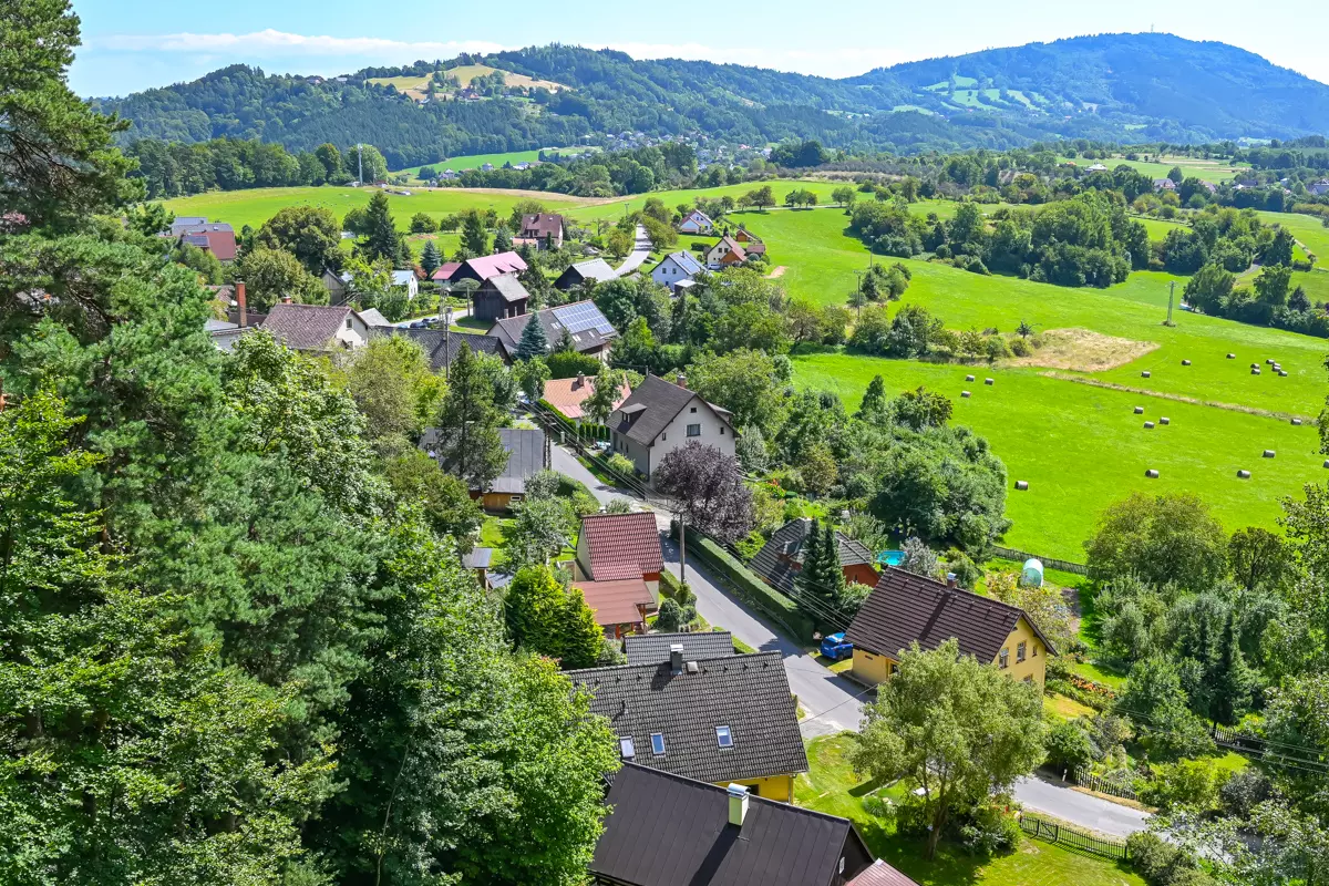 View from Besedice Rocks viewpoint over Jizera River valley and nearby villages