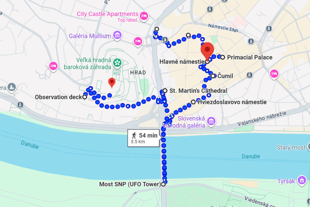 Bratislava walking route map with highlighted paths and landmarks
