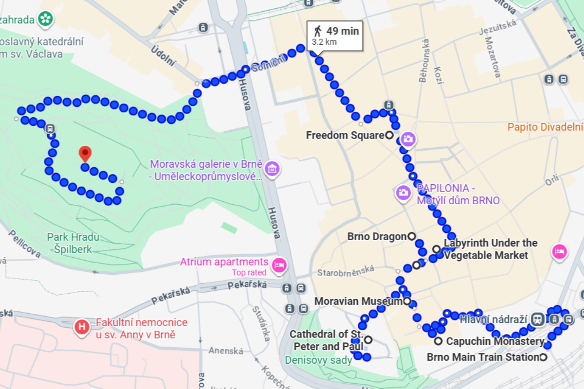 Brno walking route map with highlighted paths and landmarks