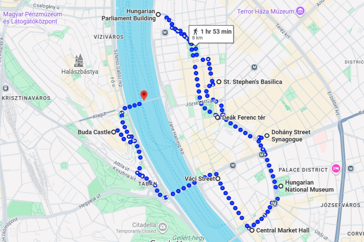 Budapest walking route map with highlighted paths and landmarks
