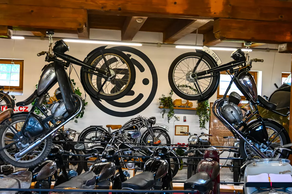 Vintage motorcycles on display at Motorcycle Museum in Borek