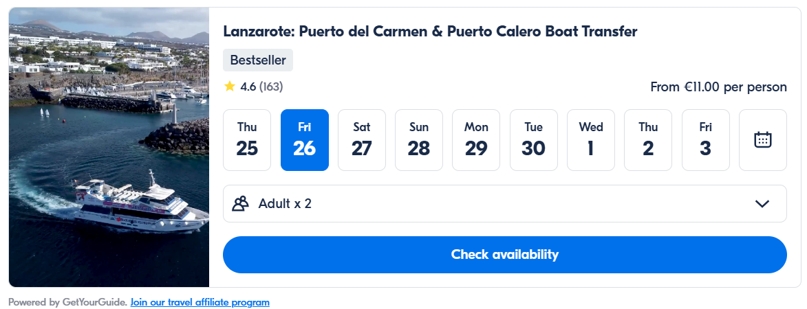 Ferry tickets from Puerto del Carmen to Puerto Calero in Lanzarote, Canary Islands