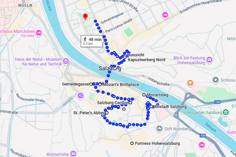 Salzburg walking route map for a day trip from Vienna