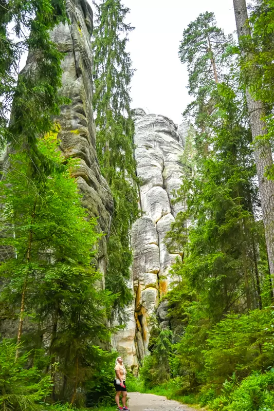 Dramatic sandstone pinnacles rising above the forest in Adrspach, Czech Republic