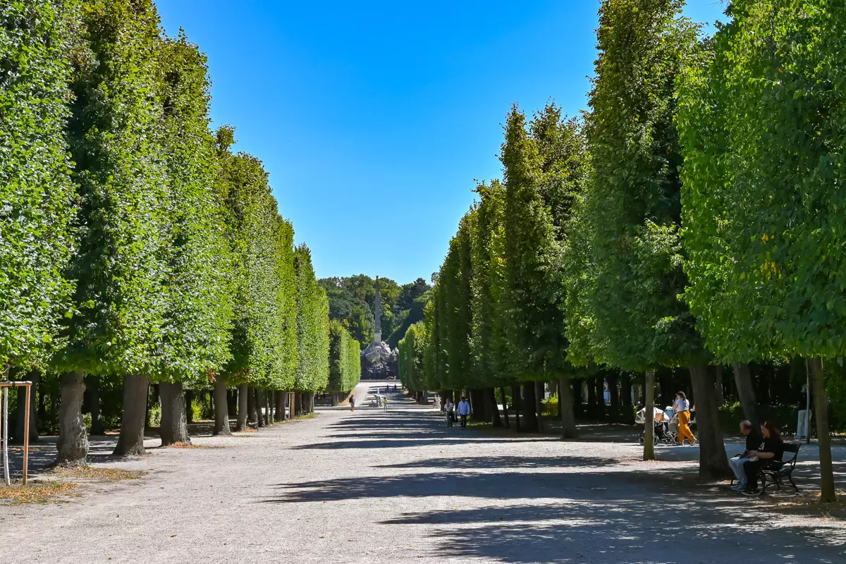 Schönbrunn Palace garden path with trees and statues