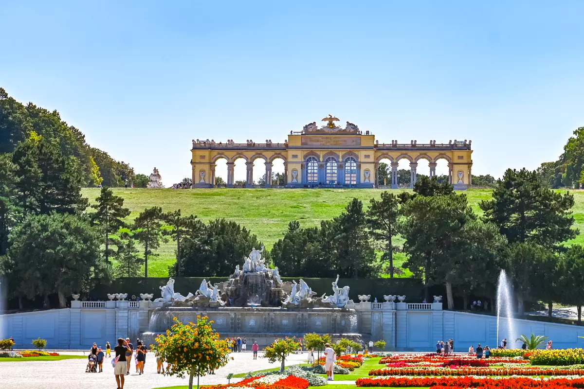 Schönbrunn Neptune Fountain with Gloriette on the hill in the background