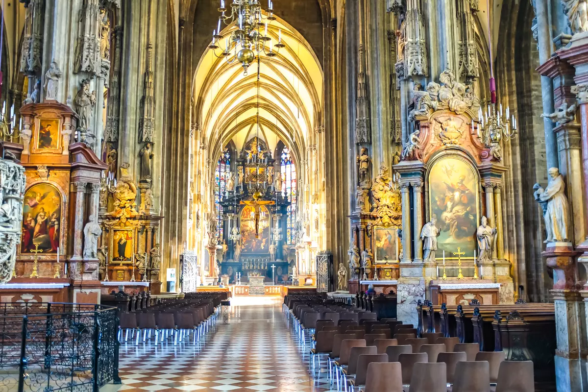 St. Stephen’s Cathedral Vienna interior with high vaulted ceiling and altar