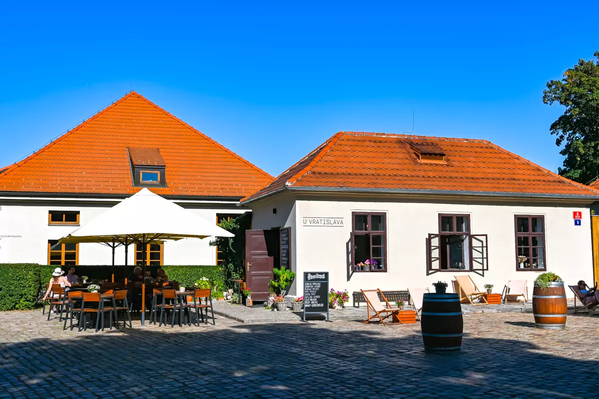 Outdoor dining area of a restaurant at Vysehrad in Prague