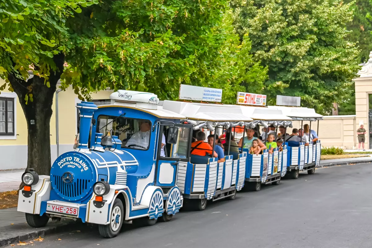 Colorful sightseeing mini train for visitors in Keszthely