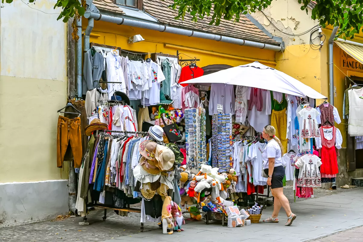 Street market in Keszthely, Hungary with clothes and souvenirs on display