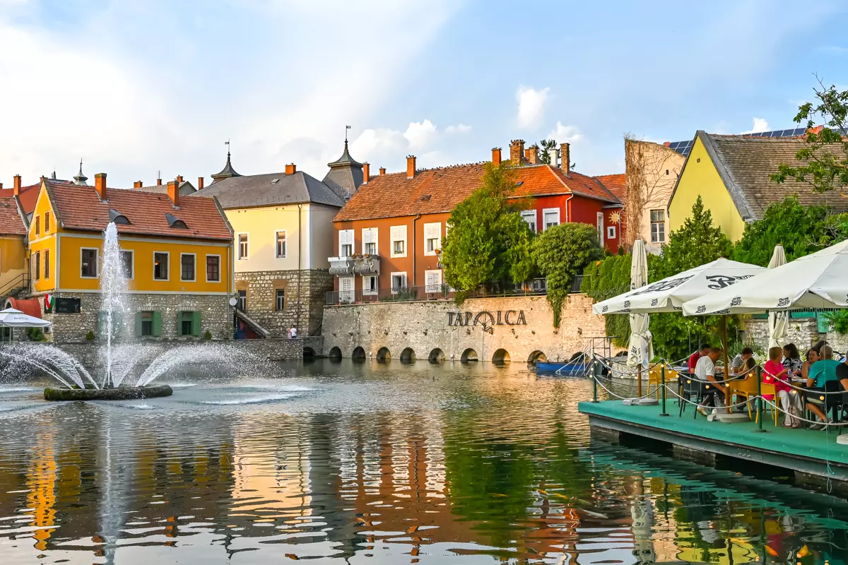 Beautiful view of Tapolca town with colorful houses and canal in Hungary