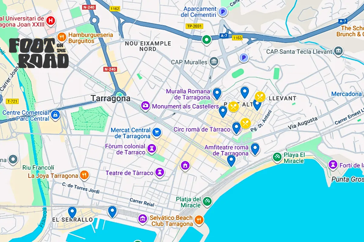 Tarragona itinerary map highlighting top tourist sights in the city
