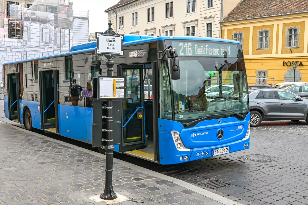 Public bus 216 arriving at Buda Castle stop in Budapest