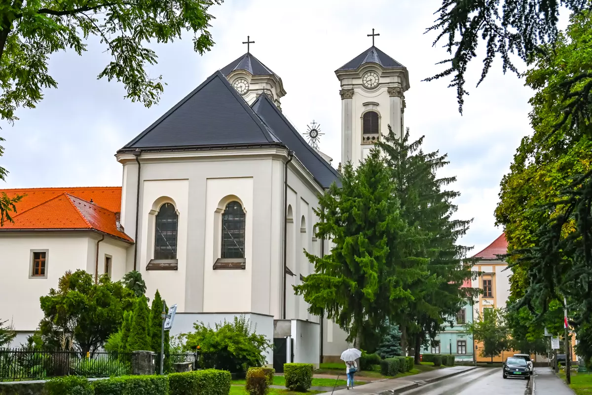 Historic Franciscan Church with twin towers in Eger