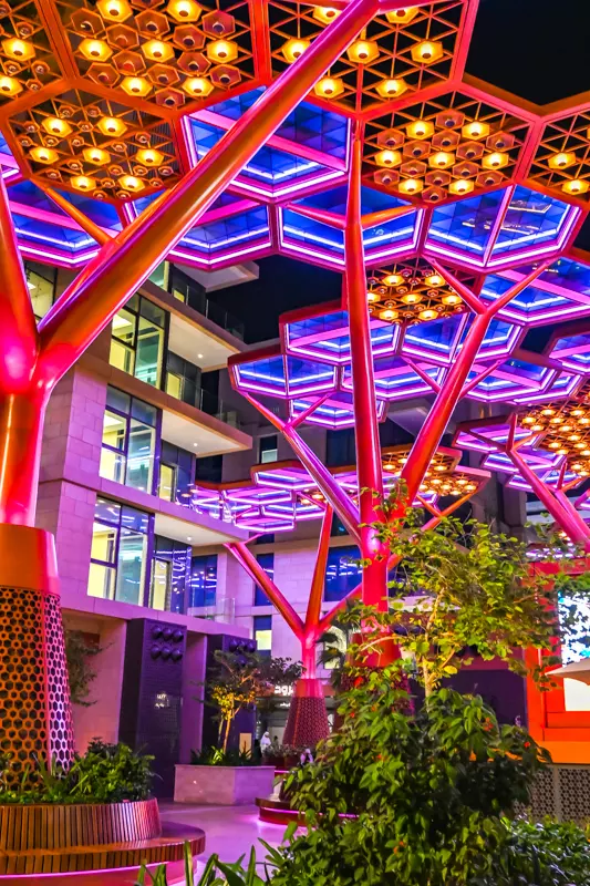 Colorful illuminated structures at night in Crystal Walk on Gewan Island
